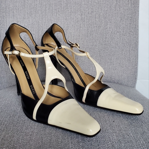 Gucci T-Strap Leather High Heels, 8.5 Black & Cream - Picture 1 of 15